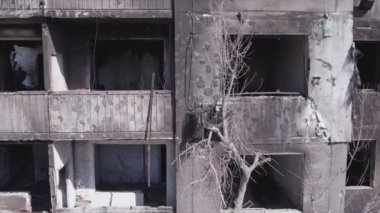 This stock video shows a destroyed residential building during the war in Ukraine in Borodyanka, Bucha district in 8K resolution