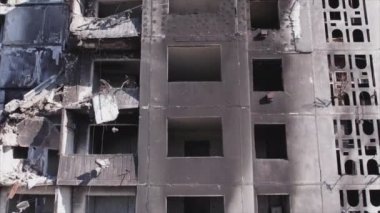 This stock video shows a destroyed residential building during the war in Ukraine in Borodyanka, Bucha district in 8K resolution