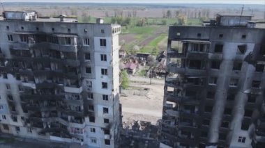 This stock video shows a destroyed residential building during the war in Ukraine in Borodyanka, Bucha district in 8K resolution