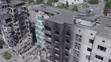 This stock video shows a destroyed residential building during the war in Ukraine in Borodyanka, Bucha district in 8K resolution