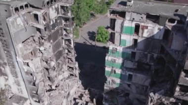 This stock video shows a destroyed residential building during the war in Ukraine in Borodyanka, Bucha district in 8K resolution