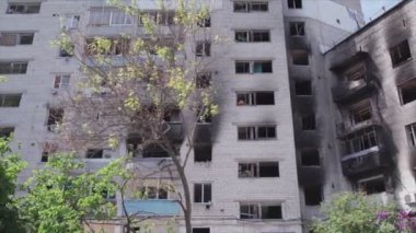 This stock video shows a destroyed residential building during the war in Ukraine in Borodyanka, Bucha district in 8K resolution