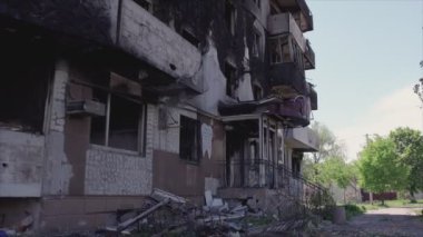 This stock video shows a destroyed residential building during the war in Ukraine in Borodyanka, Bucha district in 8K resolution