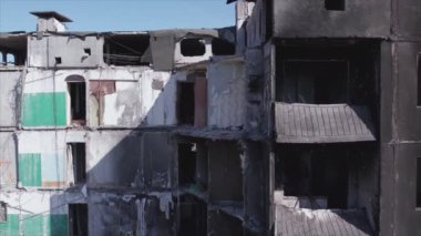 This stock video shows a destroyed residential building during the war in Ukraine in Borodyanka, Bucha district in 8K resolution