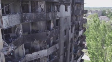 This stock video shows a destroyed residential building during the war in Ukraine in Borodyanka, Bucha district in 8K resolution