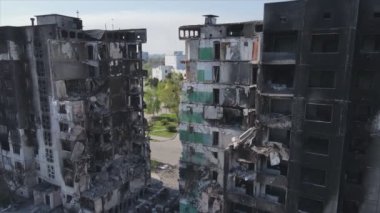 This stock video shows a destroyed residential building during the war in Ukraine in Borodyanka, Bucha district in 8K resolution