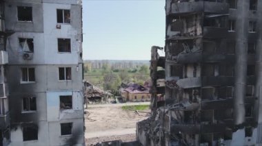 This stock video shows a destroyed residential building during the war in Ukraine in Borodyanka, Bucha district in 8K resolution