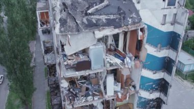 This stock video shows a destroyed residential building during the war in Ukraine in Borodyanka, Bucha district in 8K resolution