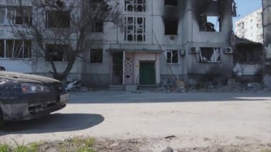 This stock video shows a destroyed residential building during the war in Ukraine in Borodyanka, Bucha district in 8K resolution