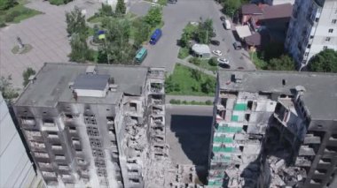 This stock video shows a destroyed residential building during the war in Ukraine in Borodyanka, Bucha district in 8K resolution