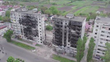 This stock video shows a destroyed residential building during the war in Ukraine in Borodyanka, Bucha district in 8K resolution