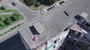 This stock video shows a destroyed residential building during the war in Ukraine in Borodyanka, Bucha district in 8K resolution