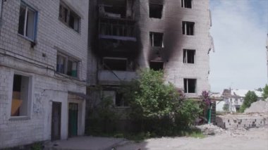 This stock video shows a destroyed residential building during the war in Ukraine in Borodyanka, Bucha district in 8K resolution