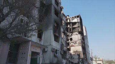 This stock video shows a destroyed residential building during the war in Ukraine in Borodyanka, Bucha district in 8K resolution