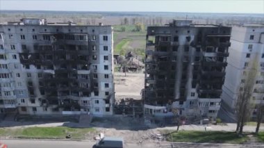 This stock video shows a destroyed residential building during the war in Ukraine in Borodyanka, Bucha district in 8K resolution