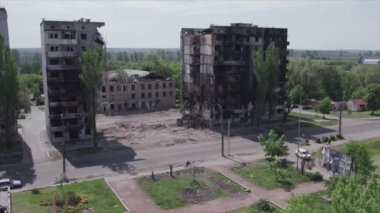 This stock video shows a destroyed residential building during the war in Ukraine in Borodyanka, Bucha district in 8K resolution