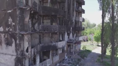 This stock video shows a destroyed residential building during the war in Ukraine in Borodyanka, Bucha district in 8K resolution