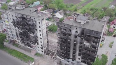 This stock video shows a destroyed residential building during the war in Ukraine in Borodyanka, Bucha district in 8K resolution