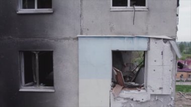 This stock video shows a destroyed residential building during the war in Ukraine in Borodyanka, Bucha district in 8K resolution