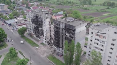 This stock video shows a destroyed residential building during the war in Ukraine in Borodyanka, Bucha district in 8K resolution