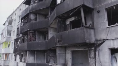 This stock video shows a destroyed residential building during the war in Ukraine in Borodyanka, Bucha district in 8K resolution