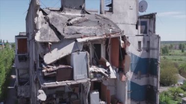 This stock video shows a destroyed residential building during the war in Ukraine in Borodyanka, Bucha district in 8K resolution