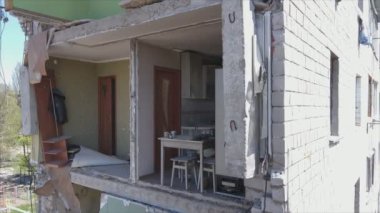 This stock video shows a destroyed residential building during the war in Ukraine in Borodyanka, Bucha district in 8K resolution