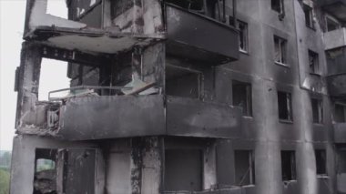 This stock video shows a destroyed residential building during the war in Ukraine in Borodyanka, Bucha district in 8K resolution