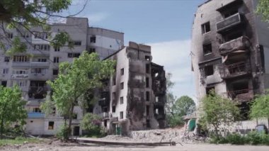 This stock video shows a destroyed residential building during the war in Ukraine in Borodyanka, Bucha district in 8K resolution