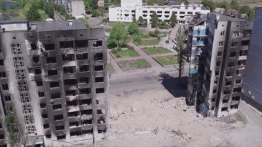 This stock video shows a destroyed residential building during the war in Ukraine in Borodyanka, Bucha district in 8K resolution
