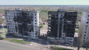 This stock video shows a destroyed residential building during the war in Ukraine in Borodyanka, Bucha district in 8K resolution