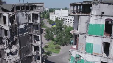 This stock video shows a destroyed residential building during the war in Ukraine in Borodyanka, Bucha district in 8K resolution