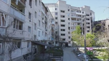 This stock video shows a destroyed residential building during the war in Ukraine in Borodyanka, Bucha district in 8K resolution