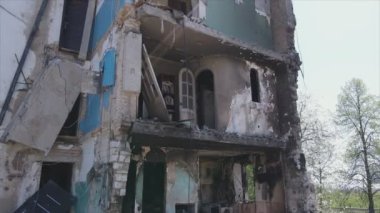 This stock video shows a destroyed residential building during the war in Ukraine in Borodyanka, Bucha district in 8K resolution