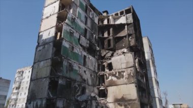 This stock video shows a destroyed residential building during the war in Ukraine in Borodyanka, Bucha district in 8K resolution