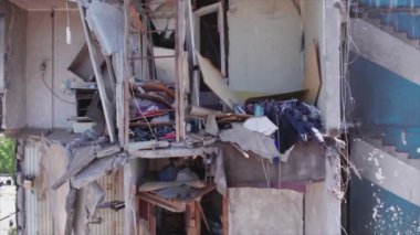 This stock video shows a destroyed residential building during the war in Ukraine in Borodyanka, Bucha district in 8K resolution
