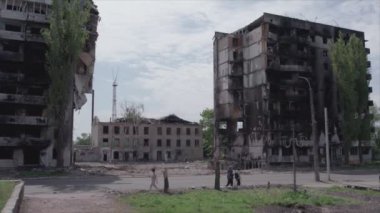 This stock video shows a destroyed residential building during the war in Ukraine in Borodyanka, Bucha district in 8K resolution