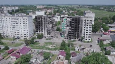 This stock video shows a destroyed residential building during the war in Ukraine in Borodyanka, Bucha district in 8K resolution