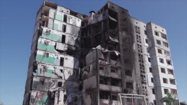 This stock video shows a destroyed residential building during the war in Ukraine in Borodyanka, Bucha district in 8K resolution