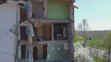This stock video shows a destroyed residential building during the war in Ukraine in Borodyanka, Bucha district in 8K resolution