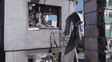 This stock video shows a destroyed residential building during the war in Ukraine in Borodyanka, Bucha district in 8K resolution