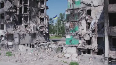 This stock video shows a destroyed residential building during the war in Ukraine in Borodyanka, Bucha district in 8K resolution