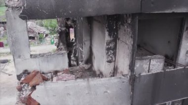 This stock video shows a destroyed residential building during the war in Ukraine in Borodyanka, Bucha district in 8K resolution