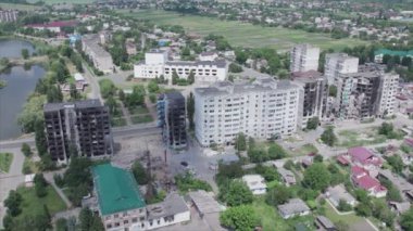 This stock video shows a destroyed residential building during the war in Ukraine in Borodyanka, Bucha district in 8K resolution