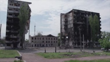 This stock video shows a destroyed residential building during the war in Ukraine in Borodyanka, Bucha district in 8K resolution