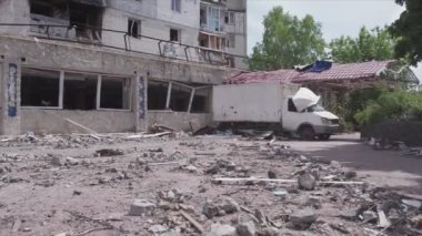 This stock video shows a destroyed residential building during the war in Ukraine in Borodyanka, Bucha district in 8K resolution