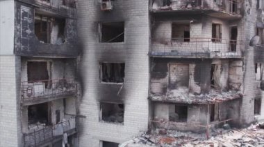 This stock video shows a destroyed residential building during the war in Ukraine in Borodyanka, Bucha district in 8K resolution