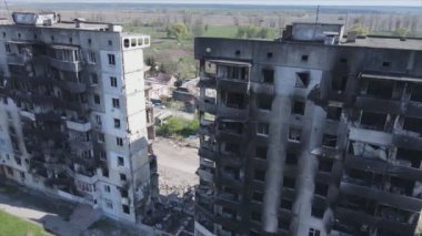 This stock video shows a destroyed residential building during the war in Ukraine in Borodyanka, Bucha district in 8K resolution