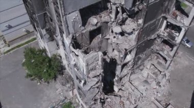 This stock video shows a destroyed residential building during the war in Ukraine in Borodyanka, Bucha district in 8K resolution