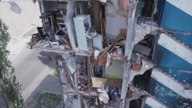 This stock video shows a destroyed residential building during the war in Ukraine in Borodyanka, Bucha district in 8K resolution